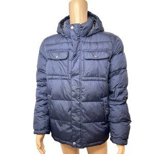 Tommy Hilfiger Men’s Puffer Jacket L Navy Blue Quilted Hooded Zip & Snaps Winter
